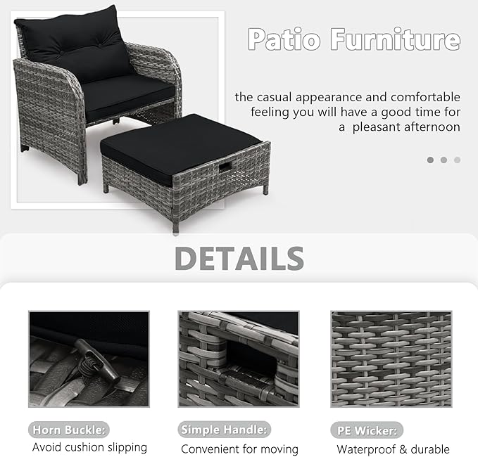 5 Pieces Wicker Outdoor Patio Chairs with Ottoman, PE Wicker Rattan Patio Conversation Furniture Set with Underneath Footrest, Wicker Outdoor Patio Chairs and Ottoman Set with Table, Black
