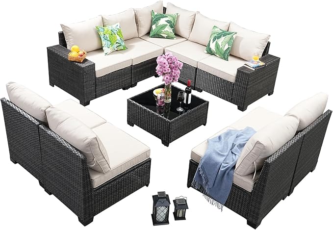 10 Pieces Patio Furniture Set, Wicker PE Rattan Outdoor Sectional with Cushion & Coffee Table, Patio Conversation Sofa for Garden, Backyard, Poolside, Beige