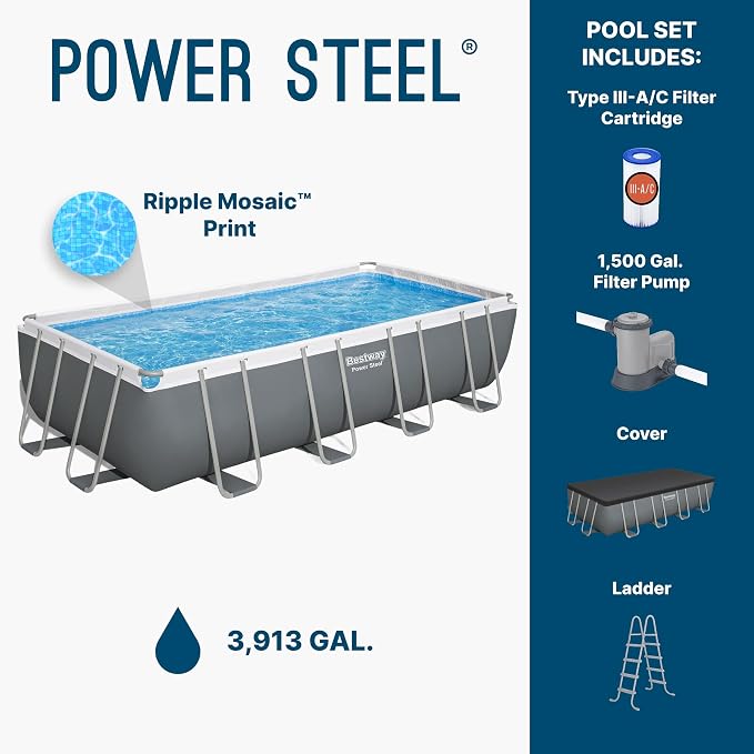 Bestway Power Steel 18’ x 9' x 48” Above Ground Pool, Rectangular Metal Frame Outdoor Swimming Pool Set with Filter Pump, Ladder, and Cover
