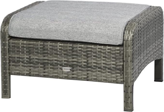 Outsunny 5 Pieces Rattan Wicker Lounge Chair Outdoor Patio Conversation Set with 2 Cushioned Chairs, 2 Ottomans and Tempered Glass Top Coffee Table, Gray/Light Gray