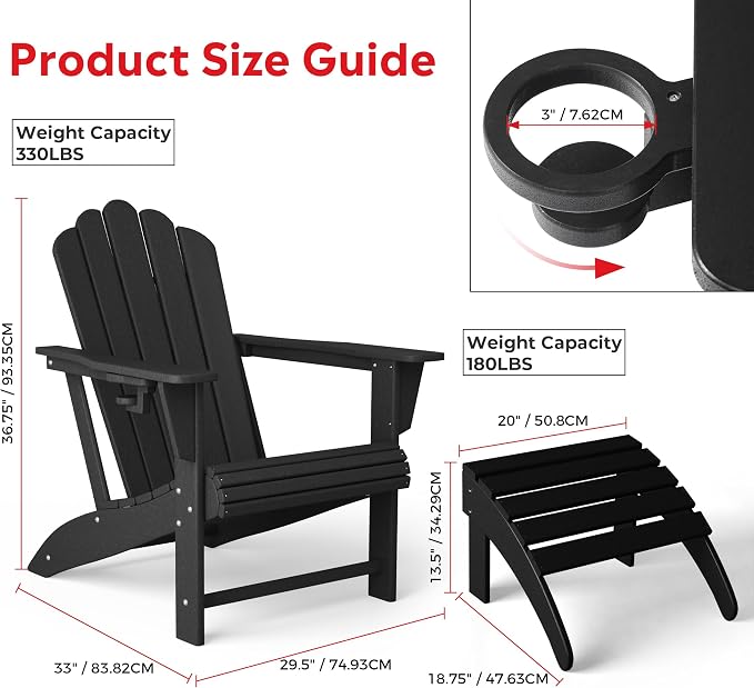Costaelm Lakeview 2-Piece Outdoor Patio HDPE Adirondack Chair with Ottoman and Cup Holder Set, Black
