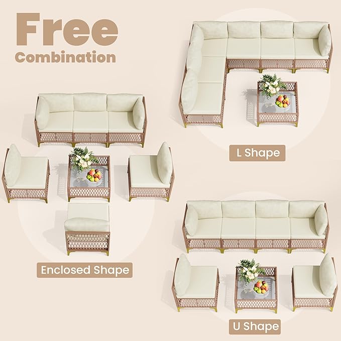 Pamapic 7-Piece Wicker Outdoor Furniture Set, Boho Sectional Sofa Patio Conversation Set with Washable Cushions & Glass Coffee Table, All-Weather Patio Furniture Set for Backyard, Porch, Cream