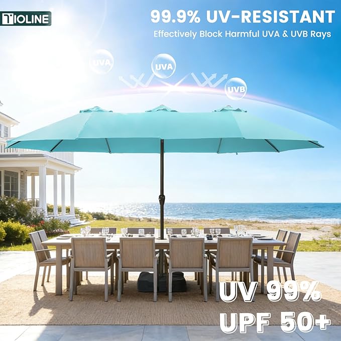 15FT Large Patio Umbrellas with Base Included, Outdoor Double-Sided Rectangle Big Market Umbrella with Stand, Outside Umbrellas for Poolside Lawn Backyard,Light Blue