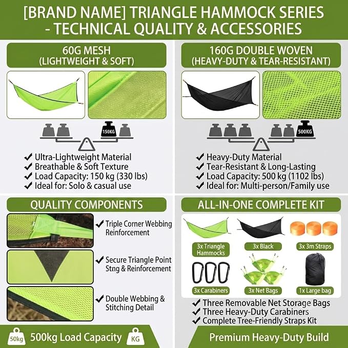 Multi-person triangular hammock, aerial camping hammock, suspended type, suitable for outdoor adventures, hiking, backyards, and gardens, includes straps, buckles, and storage bag (Black, 110in*110in)