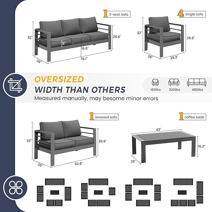 UDPATIO Aluminum Patio Furniture Set, 7 Pieces Outdoor Conversation Set with Waterproof Covers, All-Weather Modern Sectional Sofa for Patio, Deck, Backyard, Dark Grey/Dark Grey