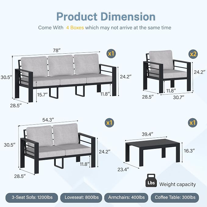 7-Seat Aluminum Patio Furniture Set, 5 Piece Outdoor Conversation Set with 4" Thick Washable Cushions & Coffee Table, Outdoor Sectional Sofa for Backyard, Deck, Porch, Poolside