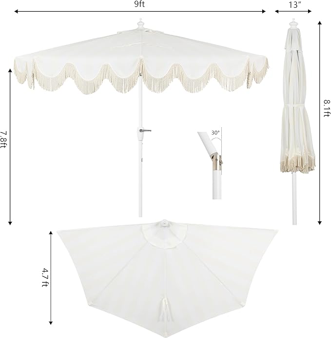 JONATHAN Y Beverly 9 ft. Coastal Cream and White Striped Half Patio Umbrella with Scalloped Fringe, Crank Lift, and Manual Tilt for Balcony, White Pole UMB1201K
