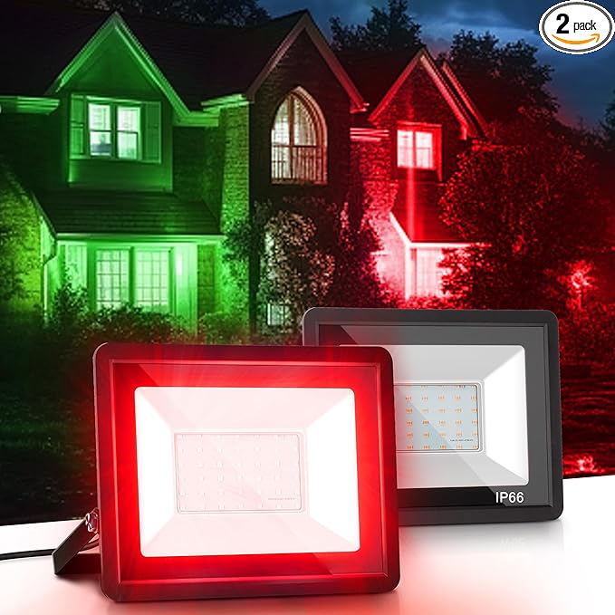 L LOHAS LED Red Flood Light Outdoor, 𝑫𝒖𝒔𝒌 𝒕𝒐 𝑫𝒂𝒘𝒏 50W Plug in Flood Light, IP66 Waterproof Christmas Party Decorations, 2300lm Outdoor Lights for Yard, Garage UL Listed 2 Pack
