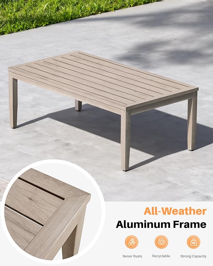 Never-Rust Aluminum Outdoor Coffee Table, All-Weather Patio Coffee Table with Faux Wood Grain Finish Frame, Rectangle Outdoor Table with Adjustable Feet for Garden, Porch, Backyard, Indoor