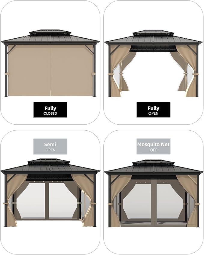 12'X14' Hardtop Gazebo with Double Steel Roof & Reinforced Aluminum Frame, Curtains & Mosquito Netting, Outdoor Permanent Pavilion for Patio, Backyard, Deck, Lawn, Garden, Khaki
