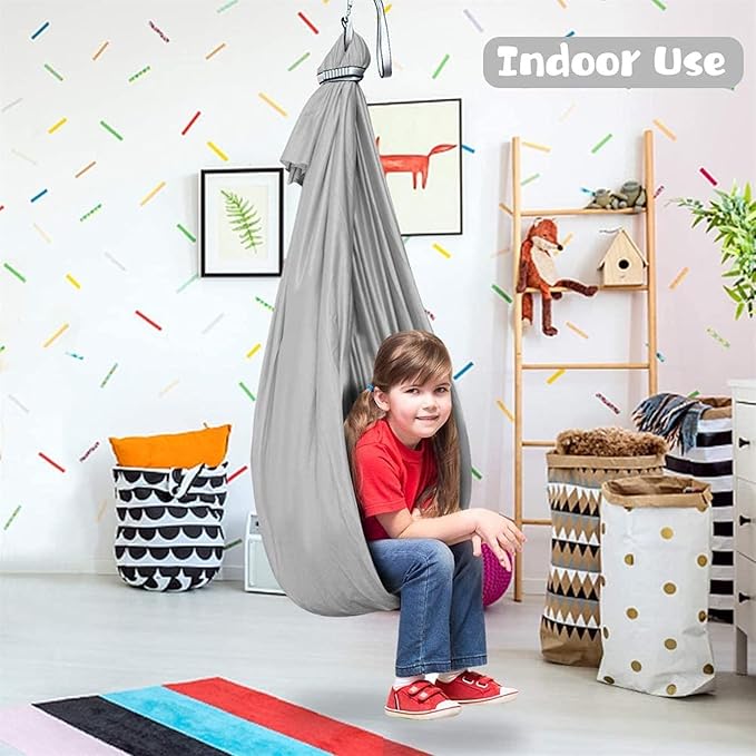 Sensory Swing for adults Indoor kids Therapy Swing Soothing Calming Snuggle Hammock durable strong fabric swing Excellent stretchability Includes Hanging Hardware ( Color : Silver gray , Size : 1.5M x
