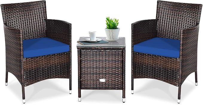 DORTALA 3 Piece PE Rattan Patio Furniture Set, Outdoor Chairs & Table Set with Tempered Glass Top & Cushions, Wicker Conversation Set for Garden Backyard, Navy