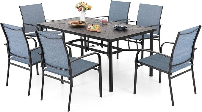 MIXPATIO 7 Pieces Patio Table and Chairs Set, Patio Dining Set for 6, 6 Textilene Chairs and 1 Metal Rectangle Dining Table with Umbrella Hole, for Deck Backyard Lawn Poolside, Blue