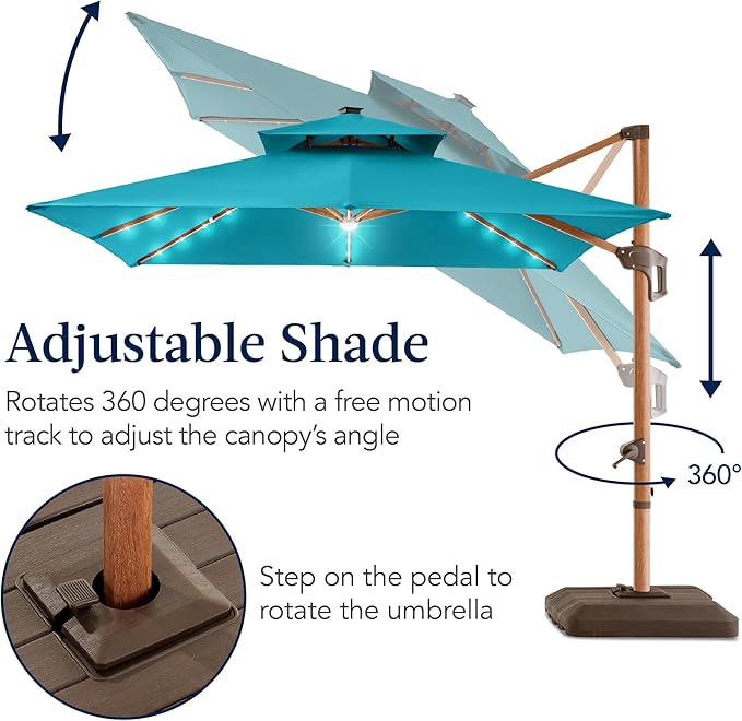 Best Choice Products 10ft Square Cantilever Patio Umbrella w/Base Included, Woodgrain Pattern Pole & Solar LED Lights, 360-Rotation, Offset Hanging Outdoor Shade