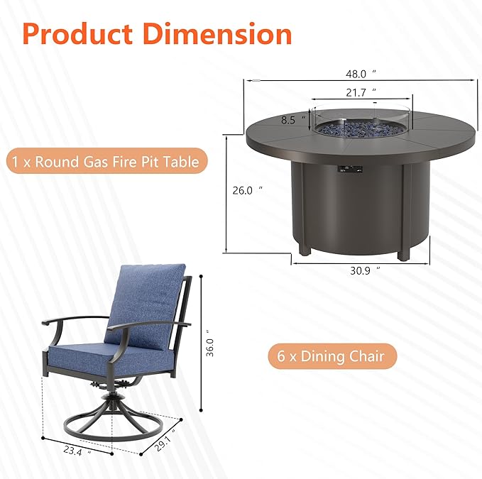 7 Pieces Outdoor Patio Furniture Set with 48" Round Propane Fire Pit Table,Patio Dining Set Outdoor Conversation Sets 6 Swivel Chairs for Deck,Backyard and Garden,Dark Blue
