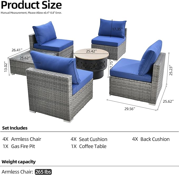HOOOWOOO 6-Piece Outdoor Wicker Patio Furniture Set, All-Weather Rattan Sectional Sofa Chairs with Fire Pit and Side Table, Modern Garden Conversation Set for Patio, Porch, and Backyard (Navy Blue)