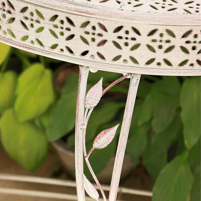 Outdoor Half-Moon Patio Console Table, 2 Tier Iron Half Round Garden Porch Table, Antique All-Weather Mid Century Tables(White)