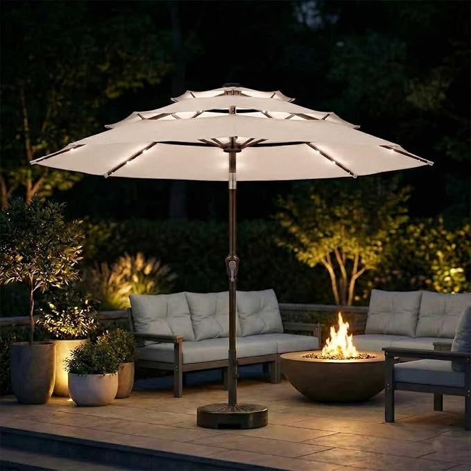 10ft 3-Tier Patio Umbrella with 32 Solar Powered LED Lights, Windproof Outdoor Market Umbrella for Deck, Poolside & Garden, Sturdy Push-Button Tilt Table Umbrella, Beige