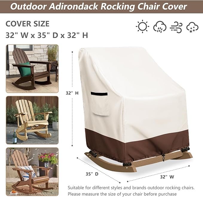 Outdoor Adirondack Rocking Chair Cover,Heavy Duty 600D Waterproof Patio Rocking Chairs Cover for 32" W x 35" D x 32" H Rocking Chair,Beige