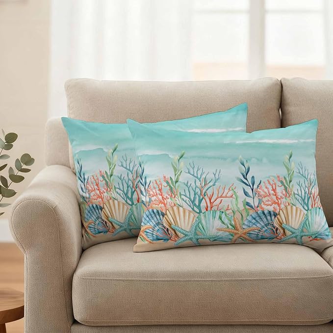 Lumbar Pillow Covers 20x12 Inch Set of 2, Coastal Beach Waterproof Outdoor Pillow Covers, Ocean Wave Summer Sea Starfish Coral Teal Beige Decorative Cushion Pillowcases for Couch, Sofa, Bed, Patio