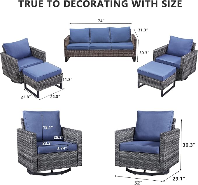 HUMMUH 5 Piece Patio Furniture Set Outdoor Sectional Sofa,PE Wicker Patio Swivel Rocker Chairs with Ottomans for Porch,Garden,Backyard