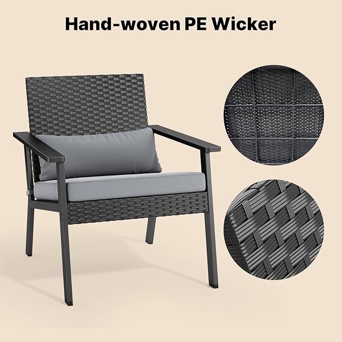 Ahomly 4-Piece Outdoor Wicker Patio Furniture Set with Deep Seating Cushions and Table for Balcony, Backyard, and Porch (Gray)