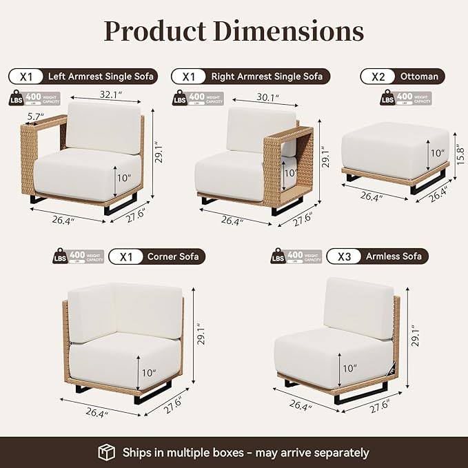 LazySunsets Patio Furniture Set, Wicker Outdoor Sectional Sofa with 10'' Ultra-Thick Cushions & Ottomans, All-Weather Rattan Conversation Set for Backyard Poolside, Yellow/Beige 8 Pieces