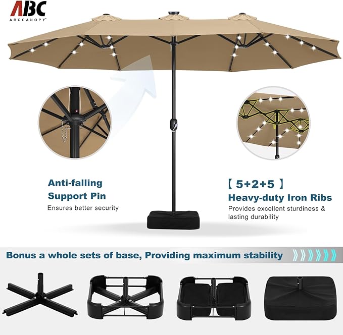 ABCCANOPY 15ft Umbrella Outdoor Patio Solar Lights with Base, Outdoor Double-Sided Rectangle Umbrella for Poolside, Lawn, Backyard (Khaki)
