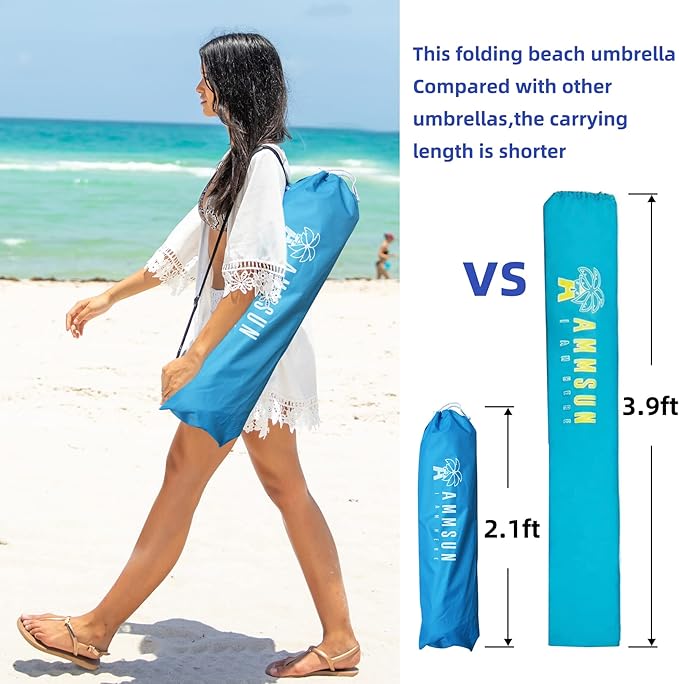 AMMSUN 6ft Folded Portable Travel Beach Umbrella with Sand Anchor Tilt Air vent UPF 50+UV Protection Fit In Suitcase Compact Foldable Telescopic umbrellas for Patio Garden Beach Pool Sky Blue