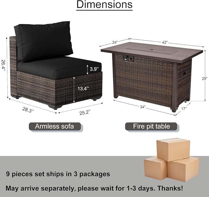 9 Piece Patio Furniture Set with 42" Fire Pit Table, Outdoor Wicker Rattan Sectional Sofa Set, Patio Conversation Set with Thickened Cushions, Black