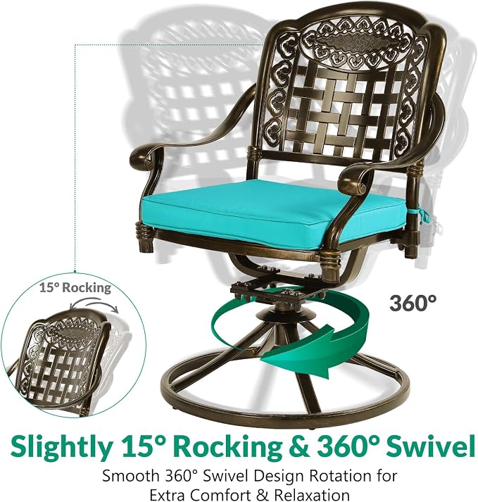 VIVIJASON 5-Piece Outdoor Patio Dining Set, All-Weather Cast Aluminum Conversation Set, Patio Furniture Set Include 4 Swivel Cushioned Chairs, 1 Square Table w/Umbrella Hole, Ocean Blue Cushion