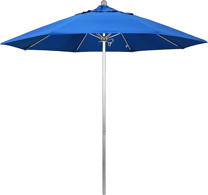 California Umbrella 9' Round Aluminum/Fiberglass Umbrella, Push Open, Silver Pole, Olefin Royal Blue Fabric