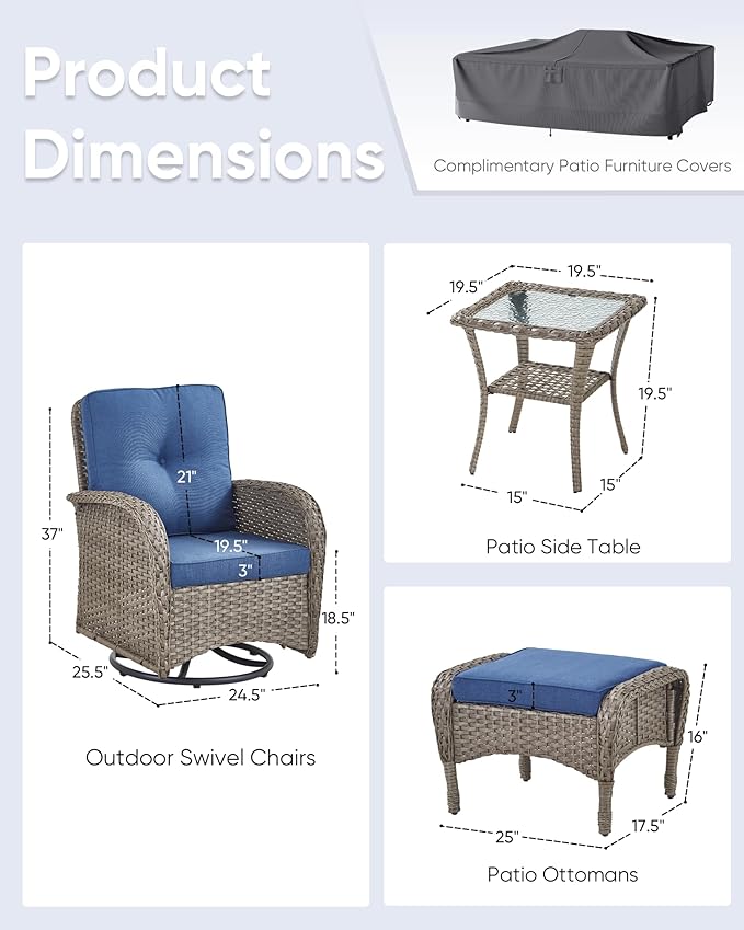 5 Pieces Outdoor Wicker Patio Furniture Set-High Back Outdoor Rocking Chairs Set of 2 with Ottoman Patio Conversation Sets for Deck Lawn Porch Balcony Poolside-Grey/Blue