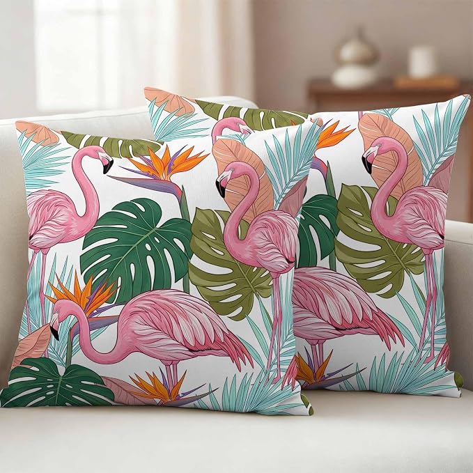 Pink Flamingos Outdoor Pillow Covers 26"x26" Set of 2, Watercolor Monstera Leaf Green Tropical Plant Waterproof Throw Pillow Covers for Patio Furniture, Decorative Cushion Covers for Porch