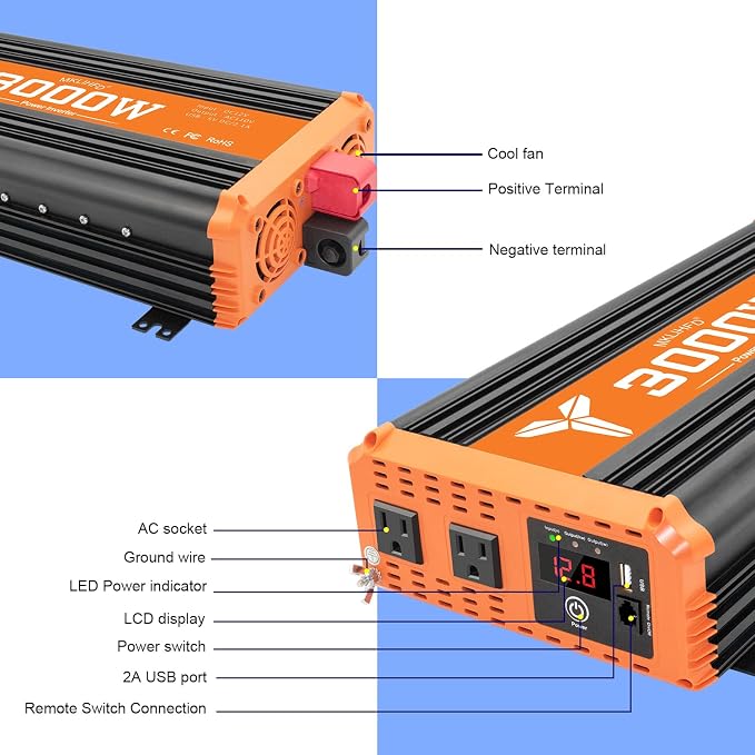 3000W Inverter 12V DC to 110V AC Converter for Home, RV, Truck, Off-Grid Solar Power Inverter with Built-in 5V/2.1A USB, AC Hardwire Port, Remote Controlle