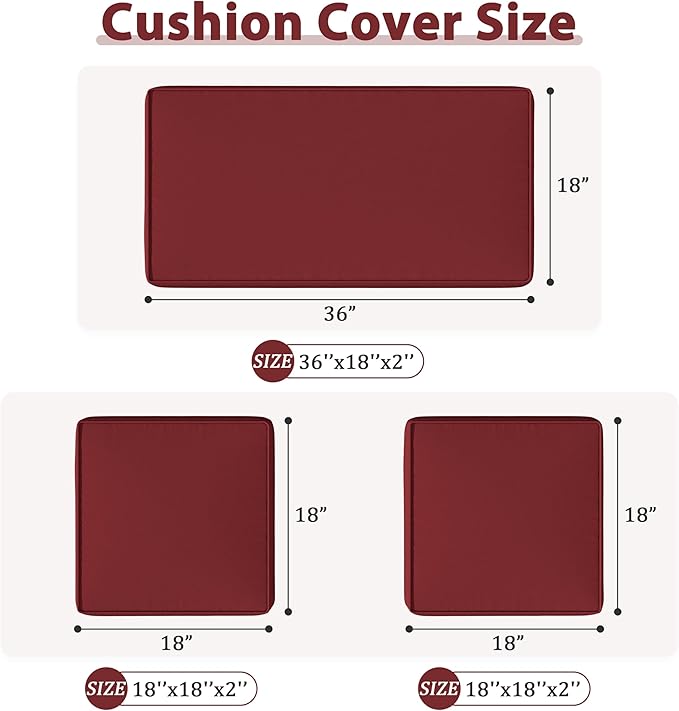 3 Pack Outdoor Patio Seat Cushions Replacement Covers Fit for 4 Pieces 4-Seater Wicker Rattan Patio Conversation Set Loveseat Chair Couch Furniture,36x18x2,18x18x2-Cover Only