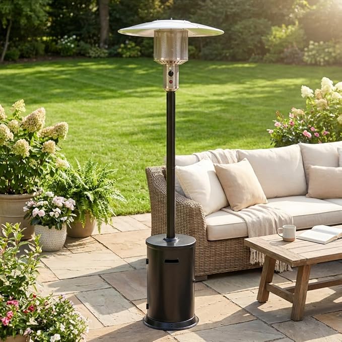 Outdoor Patio Heater, Propane Gas Standing Heater with Reflector Canopy, Black Hammered Finish