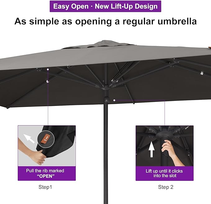 PURPLE LEAF 12' x 9' Rectangular Semi-Auto Outdoor Patio Umbrella Aluminium Market Umbrella Table Sun Umbrella with 1.89" Rod and 8 Sturdy Ribs for Deck Lawn Pool Garden, Gray