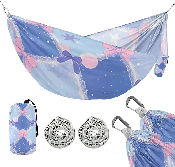 Blue and Pink Cute Bow Check 330lb Capacity Outdoor Hammock with Tree Straps Hanging Hammock for Outside Camping Essentials hamaca para adultos