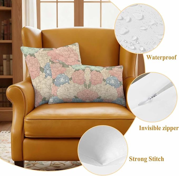 Botanical Flowers Waterproof Outdoor Pillow Covers Set of 2 Home Decor, Spring Colorful Garden Floral Plants Pillowcase Patio Pillow Covers for Couch Bench Furniture Garden 26x26in