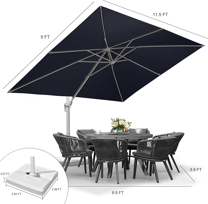 PURPLE LEAF 9' × 11.5' Patio Umbrella With Base White Cantilever Umbrella Square Outdoor Offset Umbrella Windproof with 360° Rotation for Garden Deck Pool, Navy Blue