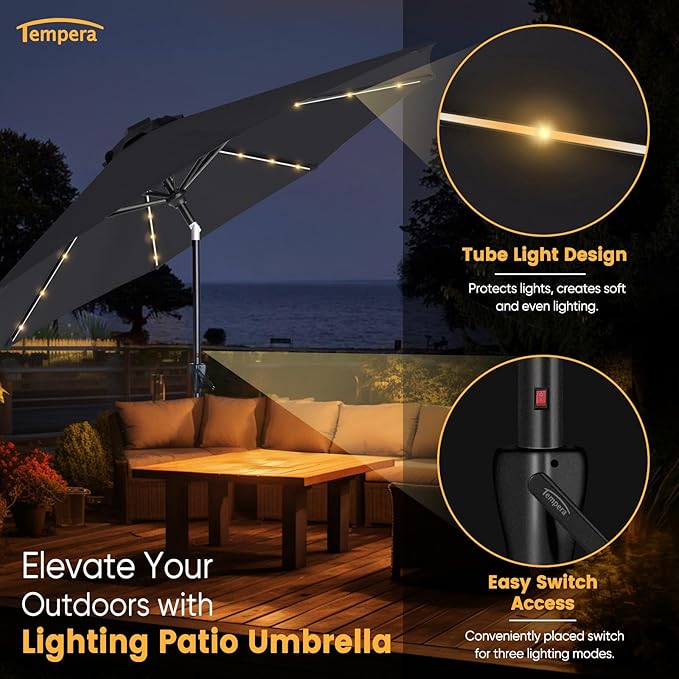 Tempera Solar Patio Umbrella 40 LED Lighted Outdoor Umbrella Table Market Umbrella with Push Button Tilt and Crank, Solar Umbrella with Sturdy Pole&Fade Resistant Canopy, Easy to Set