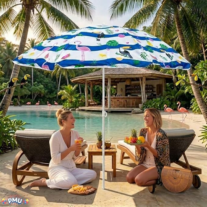PMU 2 Pcs 6ft Tropical Beach Umbrella – Blue & White Stripes with Flamingo, Toucan & Leaf Print, 72in Open, 160G Polyester, Large Outdoor Patio Pool Parasol Umbrella for Garden, Deck, Backyard & Pool