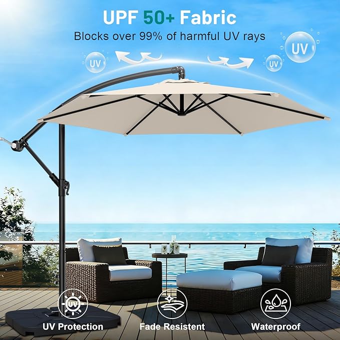 AreShark 10FT Patio Outdoor Umbrella, Offset Patio Umbrella Cantilever Umbrella, 6 Sturdy Ribs, Easy Adjustment for Garden Market Pool with Cross Base (Cream White)