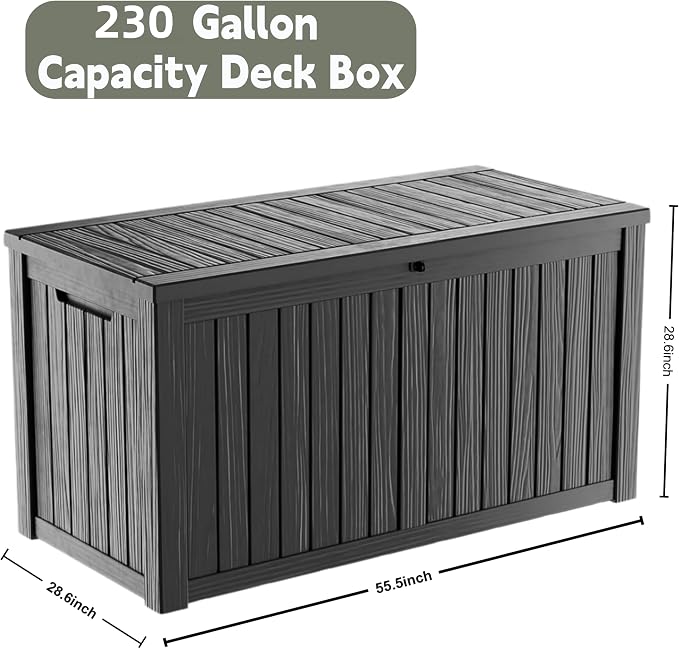 Outdoor Storage Deck Box, Large Patio Container for Garden Tools, Cushions and Yard Accessorie.Lockable Waterproof Resin Weatherproof Storage Container (Black, 230 Gallon)
