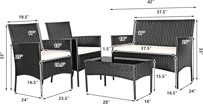DORTALA 4 Pieces Patio Furniture Set, Rattan Conversation Set with Coffee Table & Cushions, Outdoor Wicker Sofa Set for Poolside, Backyard, Beige