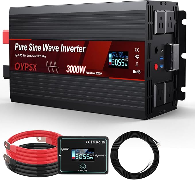 3000W Power Inverter 24V to 110V 120V AC Pure Sine Wave Inverter for RV Truck Camping,Outdoor Off-Grid Power Converter with LCD Display,Wired Controller,AC Outlets USB Ports(24V-3000Watts)