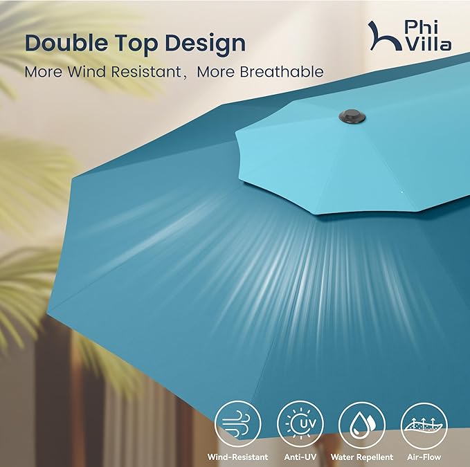 PHI VILLA 15ft Large Patio Umbrellas with Base Included, 2-Tier Outdoor Double-Sided Rectangle Market Umbrella with Stand, Outside Umbrellas for Poolside Lawn Backyard, Blue & Cerulean