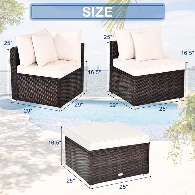 Tangkula 4 PCS Patio Rattan Sofa Set, Outdoor Wicker Sectional Furniture Set, Patio Conversation Set with Removable Cushions & Pillows for Backyard Porch Garden Poolside Balcony (White)