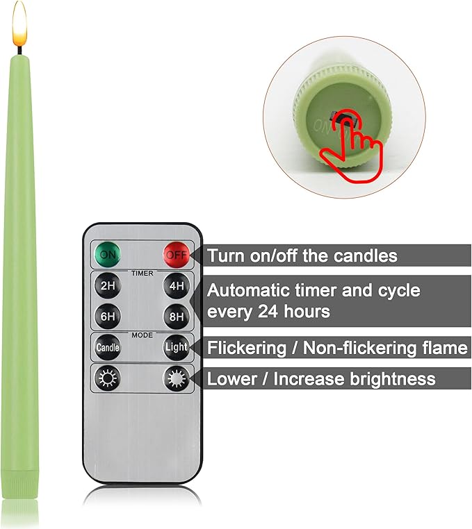 CVHOMEDECO. Flameless Taper Candles with 10-Key Remote, Battery Operated Led Flickering 3D Wick Window Candles Real Wax Finished Home Christmas Party Decor 0.78 x 11 Inch, Pack of 3, Light Green